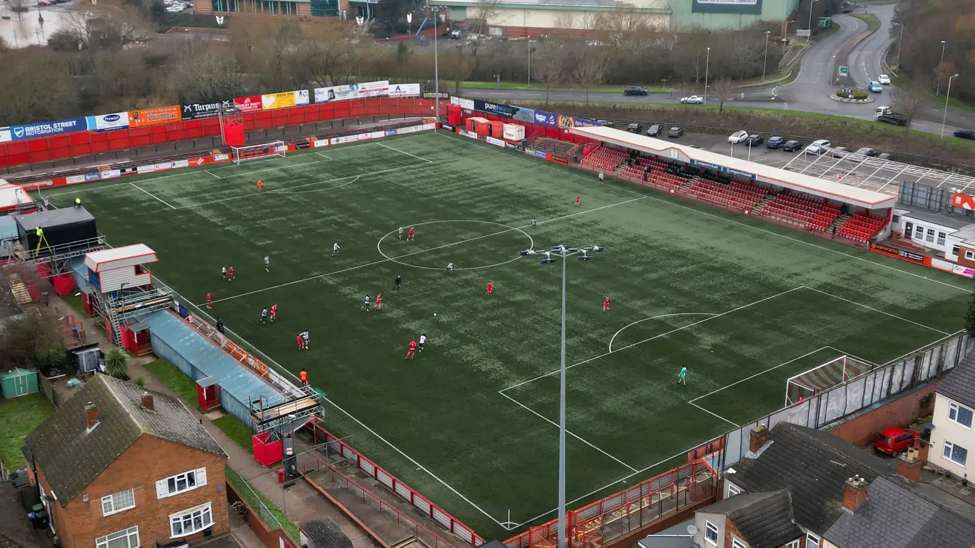Aerial view of The Lamb, the home ground of Tamworth F.C., on a match day
