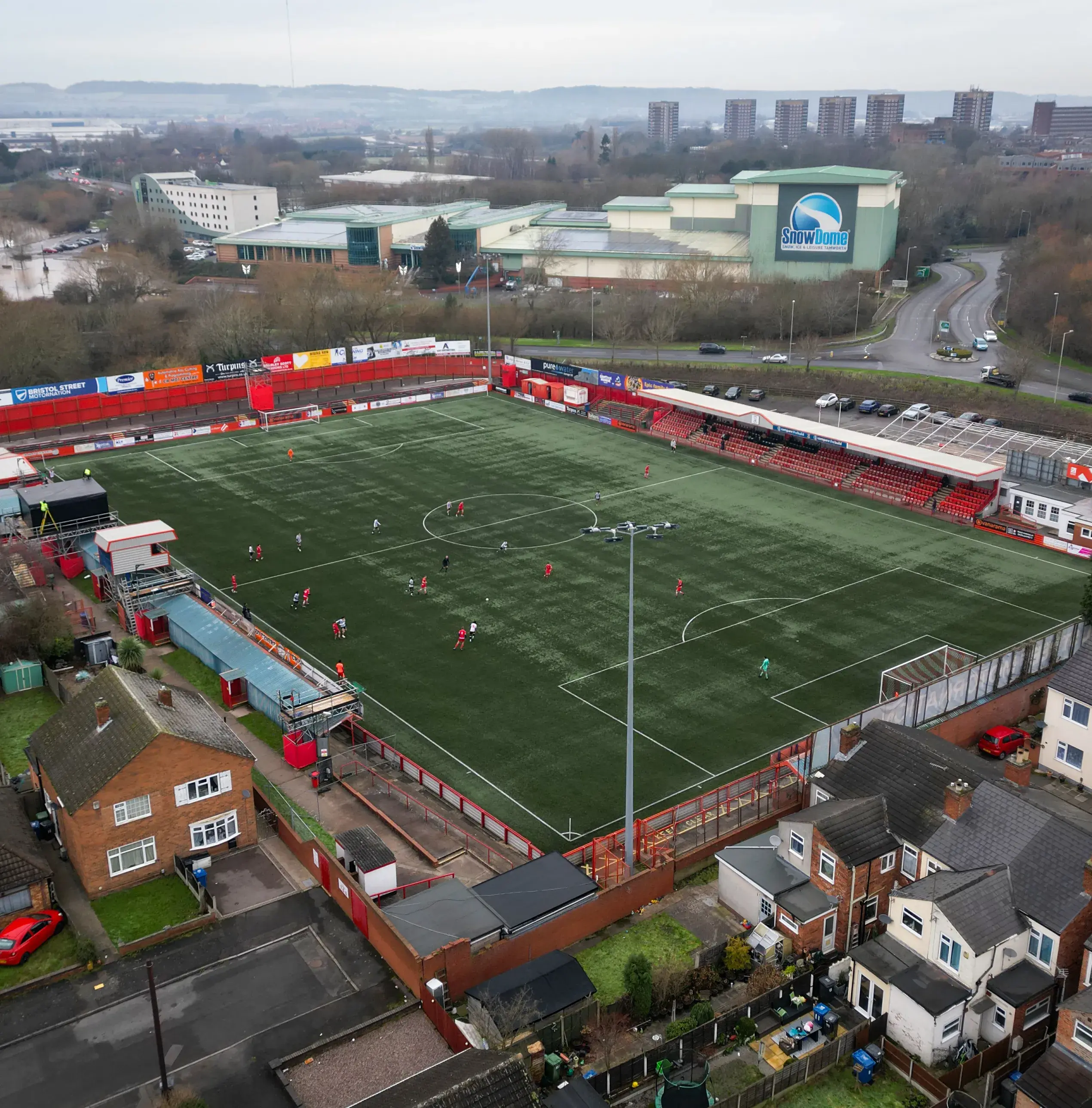 Aerial view of The Lamb, the home ground of Tamworth F.C., on a match day